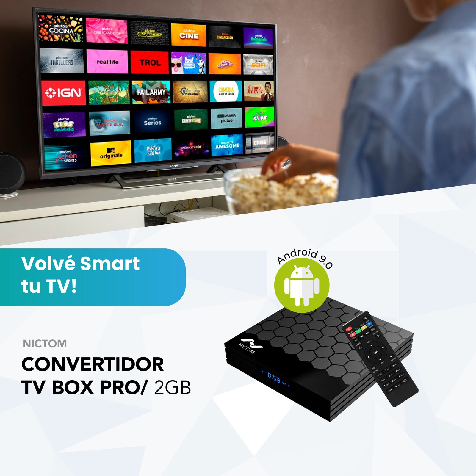 Convertidor Smart TV Nictom 1GB RAM T1PRO + Conversor Adaptador Nictom HDMI  a VGA + Soporte de TV Nictom STVSP02 14 A 42